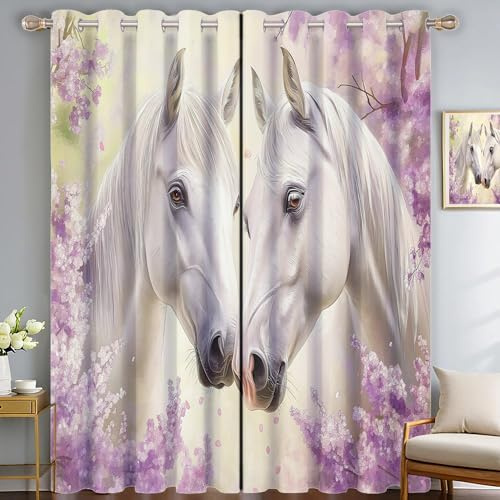 SMBHIAON Purple lilac Blackout Curtains, white horse Thermal Curtains 2 Panels Soft Texture Energy Saving Sun Blocking Eyelet Curtain for Bedroom Living Room W 55 × L 90 (2 Panels)