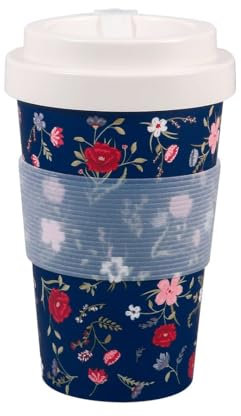 ECO CHIC Recycled Travel Coffee Cup 400ml Microwave Dishwasher Safe Plastic Travel Mug (Floral Navy)