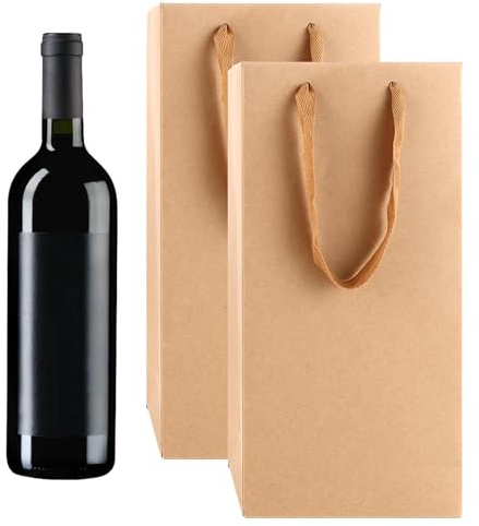 LOLYSIC 20 Stück Kraftpapier-Weintaschen, Flaschentüten für 2 Flaschen Geschenktüten für Wein mit Henkel, Premium Weinflaschen Verpackung für Weihnachten, Geburtstag, Hochzeit (Braun, 17 X 9 X 35CM)