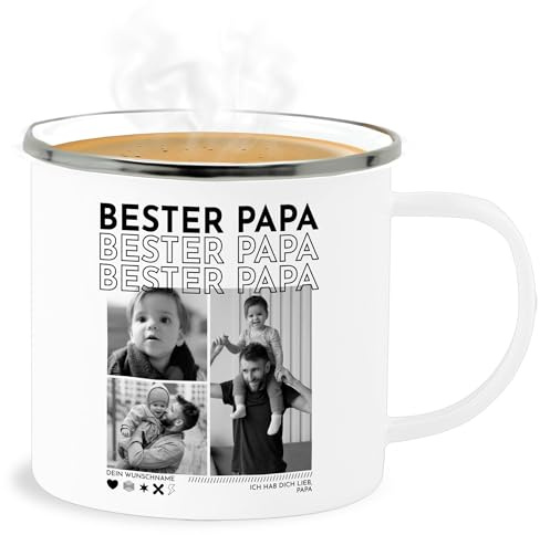 Emaille Becher Blechbecher - Stiefvater Stiefpapa - Geschenk Bester Papa Geschenkidee Fotocollage Geschenk Vatertag I Best Dad Geschenke Geburtstag Vater Geschenkideen Papa - 300 ml - Weiß Silber