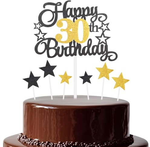 Black Gold Birthday Cake Topper, Festive and Any Party Number 30 Cake Happy Decoration,Double-sided Shine Woman Man Birthday Celebration Decoration