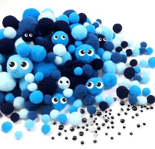 TOAOB 400 Pezzi Pompom Colorati per Lavoretti Series Blu Piccoli Pompon Ponpon Palline Di Feltro 10 mm a 30 mm con Occhi Mobili per Decorazioni Festa Artigianato