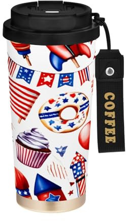 JUMBEAR Taza de viaje aislada al vacío del Día de la Independencia, tazas de viaje reutilizables para café, taza de café de acero inoxidable de doble pared a prueba de fugas con tapa para bebidas