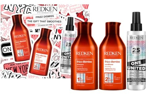 Redken Frizz Dismiss Weihnachtsset, Geschenkset mit Frizz Dismiss Shampoo, Conditioner und One United Multi-Benefit-Spray für widerspenstiges Haar, Anti-Frizz Pflege & Schutz vor Luftfeuchtigkeit