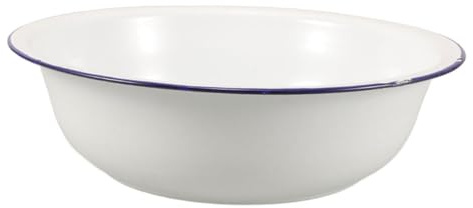PLAFOPE Cuenco Esmaltado Vintage para Pies y Lavado, 1 Unidad, Diámetro 32 Cm, Lavabo de Esmalte Resistente, Multifuncional para Cuidado Personal y Baño de Pies, Color Claro Borde Azul