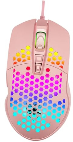 PAMINGONO Souris de Jeu Filaire Ergonomique pour Ordinateur PC et Portable, Design Perforé Lumineux, Gaming, Confort Prolongé, Couleur Rose, Accessoire Informatique Performant