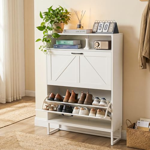 HOKEEPER Narrow Shoe Cabinet with Flip Drawers, 80x24x115cm Shoe Storage Organizer with Adjustable Shelves, Tall Shoe Rack for Hallway & Entryway - White