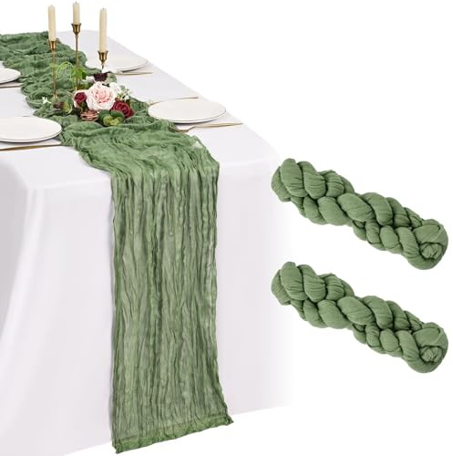 Showgeous 2 Pack Sage Green Cheesecloth Table Runner,21x120 Inch