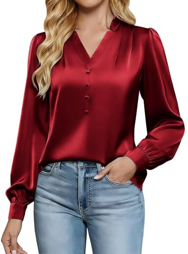 Satin Tops for Women UK - Ladies Satin Silk Blouse Elegant Going Out V Neck Long Sleeve T-Shirt Pleated Banded Collar Shirts Business Casual Work Office Tunic Pullover Blouses Red