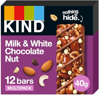 KIND Bars, Milk Chocolate and White Chocolate Nut, Gluten Free Snack Bars, No Artificial Colours, Flavours or Preservatives, Multipack 12 x 40g