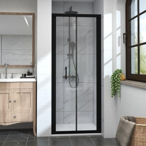 Aquariss 700mm Black Bi-Fold Shower Door Enclosure | Aluminum Frame, 6mm Tempered Safety Glass, Easy to Clean Glass, Wall Adjustable, Reversible, Brass Hinge, Bottom Seal Strips