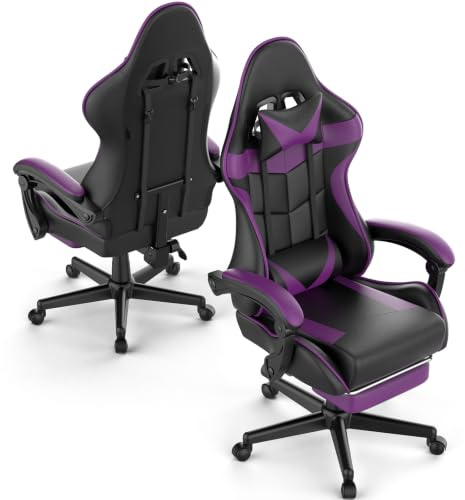 Huracan Silla para Gaming Ergonómica con Función de Masaje, Gaming Chair para PC en PU Transpirable, Sillas Gamer Altura Ajustable, Reposabrazos Regulables, Reposacabezas y Soporte Lumbar, Lila