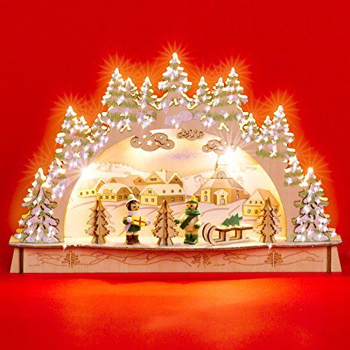 SIKORA LB55 Kleiner LED Holz Schwibbogen WINTERDORF B:29,5 cm