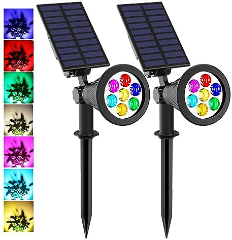 T-SUNUS Solarlampen für Außen RGB, Solarstrahler für Außen Mehrfarbig 7 LED, Gartenstrahler Solar Farbig mit 7 Farbwechsel, IP65 Wasserdicht für Baum Hof Weg Garten