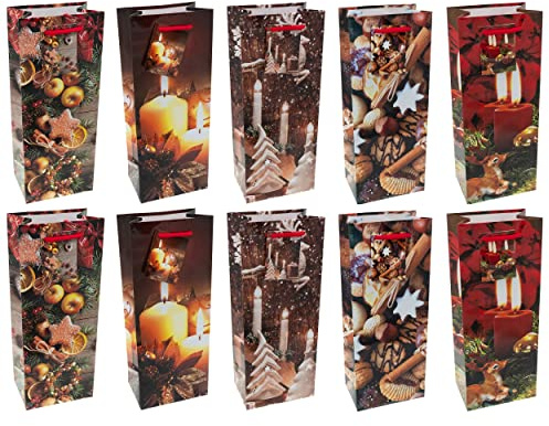 HRB Flaschentüten 10 Stück für Weihnachten - modern, stabile Weihnachtstüten der Marke, Abmaße der weihnachtlichen Geschenkverpackung 36x13x8,5 cm (HxBxT)