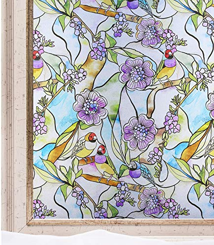 CottonColors Window Film Privacy Stained Glass Window Static Clings Vinyl Non-Adhesive Flower Parrot Decorative Window Coverings for Home Bathroom,90x200CM