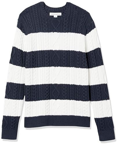 Amazon Essentials Herr långärmad 100% bomull fiskare kabel rund hals tröja, marinblå vit rugbyremsa, X-Large