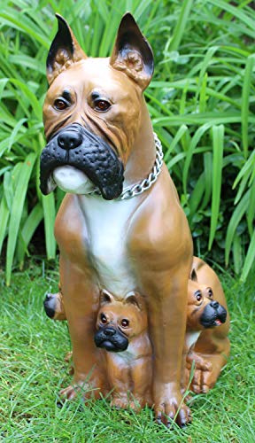 RAKSO Deko Garten Figur Dekofigur Gartenfigur Tierfigur Hund Boxer mit DREI Welpen aus Kunststoff H 59 cm