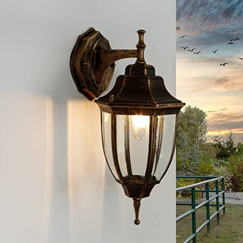 Licht-Erlebnisse Außenwandlampe Glas Aluminium in Schwarz Kupfer IP44 Terrasse Eingang T:19,5 cm E27 Antik Landhaus Rustikale Wandlaterne Outdoor LYON
