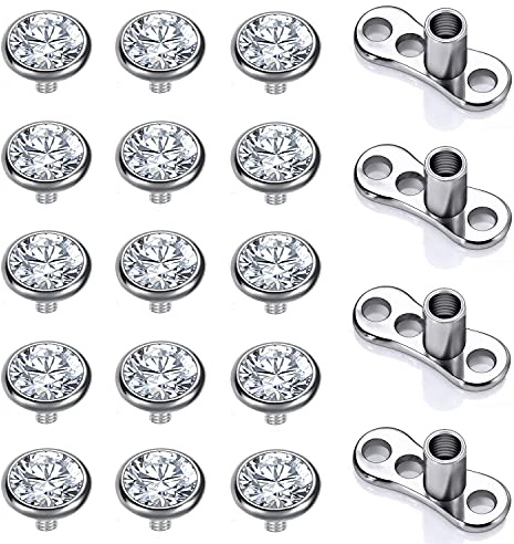 14G Chirurgischer Stahl Innengewinde Dermal Anchor Base, Mikrodermale Piercing für Frauen Männer, 14-19Pcs Cubic Zirconia Dermal Anchor Tops 2.5mm 3mm 4mm (D)