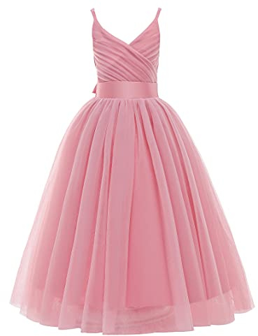 Glamulice Dusty Rose Flower Girl Dress 6 Lace Bridesmaid Long A Line Wedding Pageant Dresses Dusty Pink Tulle Spaghetti Strap Kids Formal Dance Communion Ball Gown Holiday Evening Party Prom Gown Gala