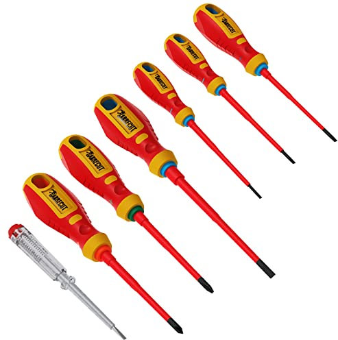 7 x SabreCut SCVDE07A Fully Insulated SlimDrive Electricians VDE Screwdrivers Set with Ergonomic Soft Grip Heavy Duty Handles Slotted SL3.0 SL3.5 SL4.0 SL5.5 Phillips PH2 Pozidriv PZ2 & Tester