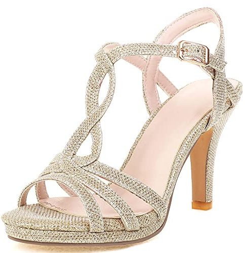 Sandale à Talon Haut Femme, Sandales Peep Toe Mode Aiguille Chaussures de Mariée avec Plateforme Boucle Bride Cheville Briller 039 Or Taille 32 EU
