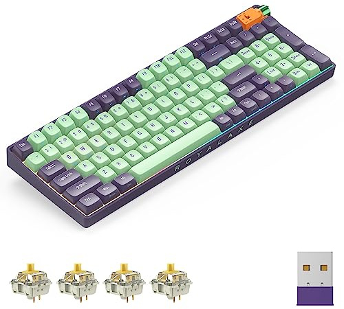 ROYALAXE R100 Teclado mecánico inalámbrico, interruptor amarillo G Pro 3.0, cable intercambiable en caliente/Bluetooth/2.4G teclado inalámbrico con luz RGB para Windows y Mac, teclas PBT, cian