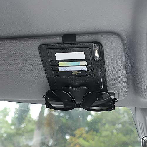 TIESOME Auto-Visier-Organizer, Universal Leder Auto Sonnenbrillenhalter | Auto Brillenhalter Clip mit Aufbewahrungsfächern Auto Visier für die Speicherung Sonnenbrille Karte Stift Rechnung (Schwarz)