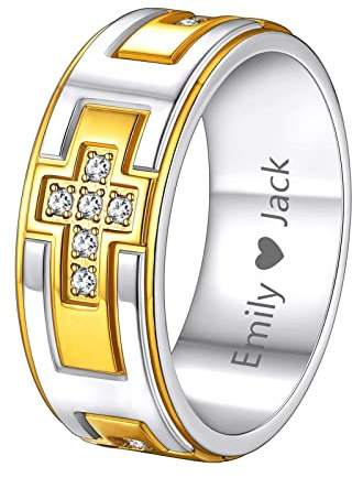 Supcare Herren Ring mit Gravur Kreuzring mit CZ Religious Ring 316L Edelstahl Faith Cross Fingerring Siegelring Bandring Vintage Spinnerring Namenring Hip Hop Punk Modeschmuck für Männer Jungen