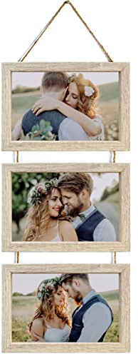 Ichigo Ichie Portafotos Múltiple Decorativo, Marcos de Fotos de Madera con Cuerda para Colgar en la Pared para 3 Fotos de 10x15cm, Madera