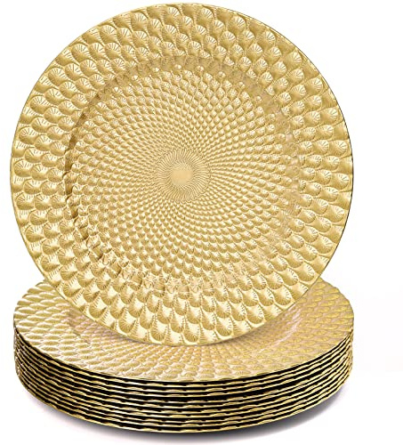TOPZEA 12 Pack Gold Charger Plates, 13 Plastic Round Decorative Dinner Under Plate, Reusable Elegant Peacock Service Chargers for Wedding Christmas Thanksgiving, Party Table Place Setting