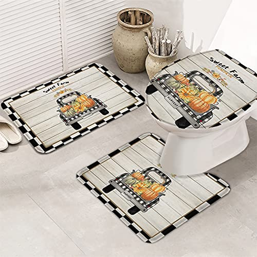 FJAUOQ Badematte Bath Mat Set,Fall Sweet Farm Pumpkin Thanksgiving Truck Harvest Vintage Wooden Black Plaid Soft Non Slip Absorbent Bathroom Rugs Bath Rugs Toilet Lid Covers for Tub Shower B