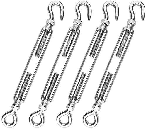 4 PCS M12 Stainless Steel Turnbuckles for Wire Rope Tension, Heavy Duty Turnbuckle Hook & Eye for Sun Shade, Tent, and Cable Railing, Anti-Rust with Detachable Screw by GENHAKON