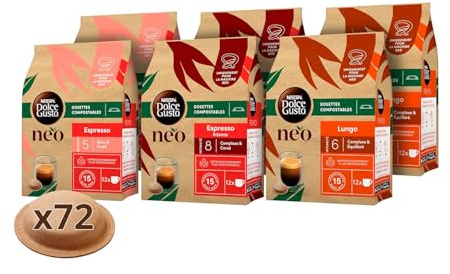 NESCAFÉ Dolce Gusto NEO Multi Variétés, 72 Dosettes de Café Noir, 6 x 12 | Dosettes compostables à base de papier , Compatibles uniquement avec les machines NDG NEO , Espresso, Lungo, Espresso Intenso