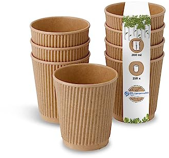 BIOZOYG 250 Stück Kaffeebecher isolierte Pappbecher 200ml / 8 oz Ø 80 mm braun - geriffelt plastikfrei nachhaltige Materialien - Einwegbecher Glühweinbecher