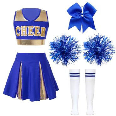 inhzoy Mädchen Cheerleading Outfit Rock Oberteil Pompoms Socken Haarreif 5er Set Kinder Cheerleading Fasching Party Tanzkleidung Blau_B 122-128