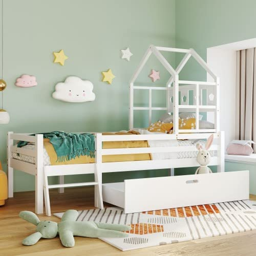 KUAKE Hausbett Spielbett Kinder Bett, Vielseitiges Kiefernrahmen Kinderbett mit Leiter und Schubladen, Hochbett Massivholz mit Rausfallschutz 90x200cm Weiß