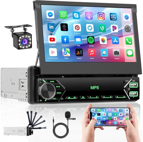 Hikity 1 Din expanderbar pekskärm 7 tum Bletooth Radio 1 Din infällbar skärm med Bluetooth handsfree FM AUX TF USB SWC Mirror Link bakifrån kamera