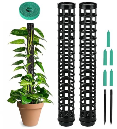 OFFCUP Monstera - Pali di muschio in plastica, 2 x 25 cm/50 cm, supporto per piante rampicanti, pali per piante rampicanti, con fascette ed etichette, paletti per piante da interno ed esterno (nero)