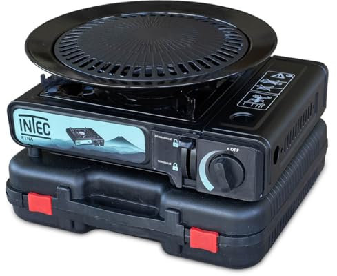 INTEC - Réchaud à gaz Portable 2200W ETNA + Plaque Grill Cartouche gaz Camping Allumage Piezo Mallette