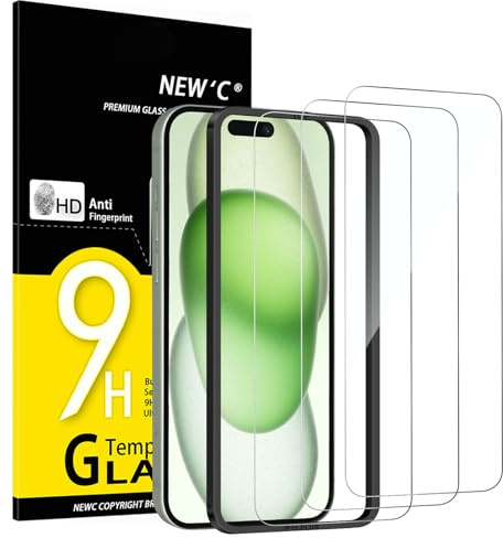 NEW'C 3 Pack, skärmskydd i glas för iPhone 16 Plus,15 Plus (6,7 tum), bubbelfri, 9H hårdhet, 0,33 mm ultratransparent, ultrabeständigt härdat glas,Enkel installationsverktyg inkluderat
