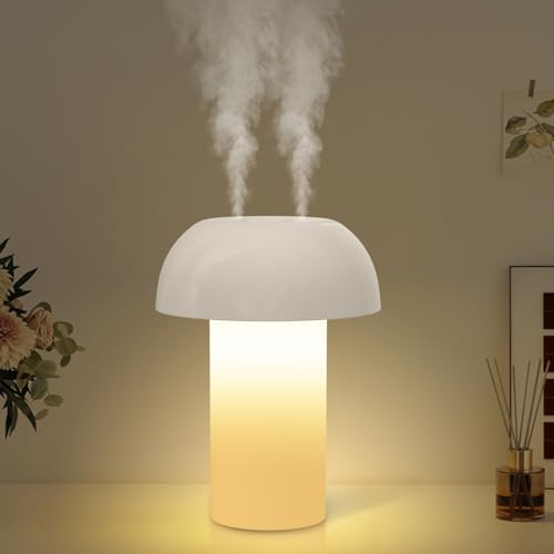 OQIMAX 500ml Mushroom Humidifiers, USB Powered Cool Mist Humidifier with 2 Spray Modes, 3-Speed Warm Light Brightness Adjustable, Dual Nozzles, 6H Timer Auto-Off, Desktop Humidifier for Office Home