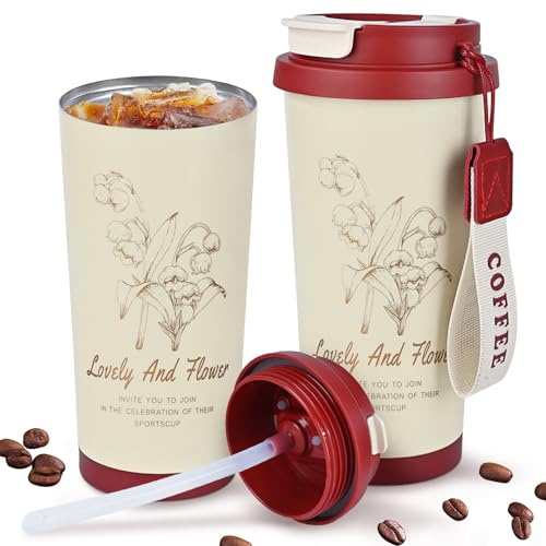 Taza de café de viaje de 530 ml, vaso de gran capacidad con tapa y popote, termo de café de acero inoxidable, taza de café de viaje aislada al vacío de doble pared (rojo vintage (Lirio de los valles))