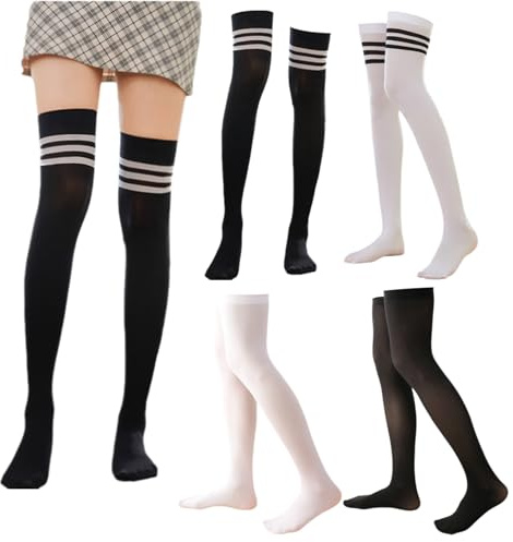 Cinsersr 4 Paare Overknee Strümpfe Thigh Highs Thigh High Socks Overknee Strümpfe Damen Overknees Socken Damen Modisch, Vielseitig, Warm, Elastisch, Bequem Und Atmungsaktiv (Schwarz/Weiß/Gestreift)