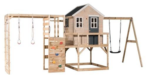 Wendi Toys M23-G Stelzenhaus mit Rutsche, Schaukel, Spielhaus Holz Kinder Outdoor 197×508×242 cm, mit Kletterwand, Kletternetz, Turnringen, wetterfest Grau