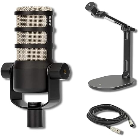 Rode PodMic Dynamic Broadcast Microphone Bundle with DS2 Weighted-Base Desktop Mic Arm and 10-Foot Balanced XLR Cable — Cardioid XLR Studio Mic for Podcasting, Streaming, Voice Over, Broadcasting