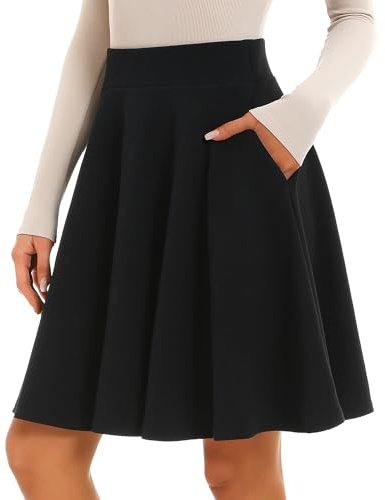 Stelle Women's 21 Knee Length Skirts with Pockets Casual Basic Midi Skirt Stretchy A-Line Skater Flared Pleated (Black,XS)