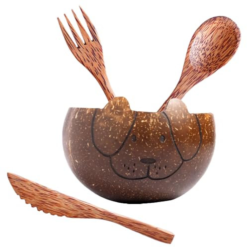 M1SS Coconut Shell Kids Serving Bowl with 3 pcs Cutlery Spoon, Fork & Knife for Snacks, Salads, Smoothie, Nuts & Chips | Eco-Friendly Animal Design - 350 ML (Set of 2) (Dog Bowl + Cutlery)