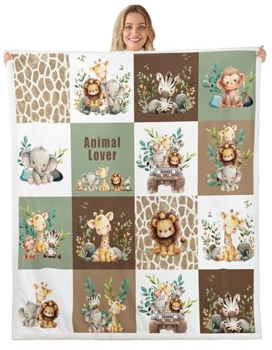 Coperta da letto per gli amanti degli animali, tappeto in flanella per decorare la stanza, motivo geometrico verde marrone plaid patchwork in pile per bambini, divano, dormitorio, 127 x 152,4 cm